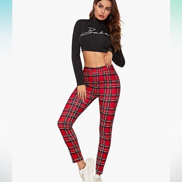 Red tartan plaid leggings. New very soft material - Picture 1 of 11